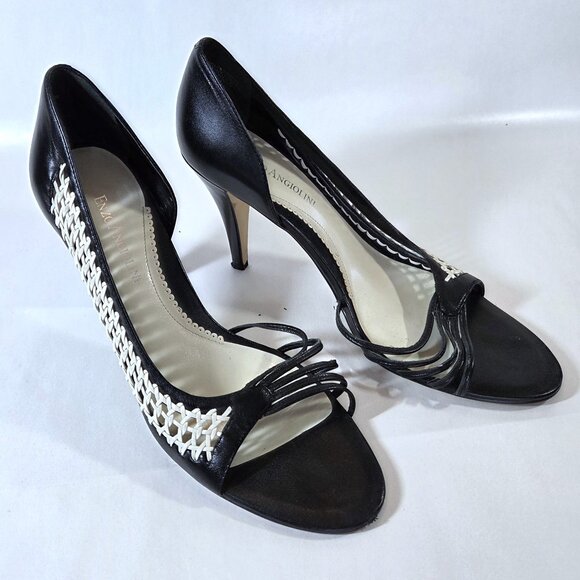 Enzo Angiolini Black & White Leather Open Toe Heels Size 8 - Picture 1 of 4